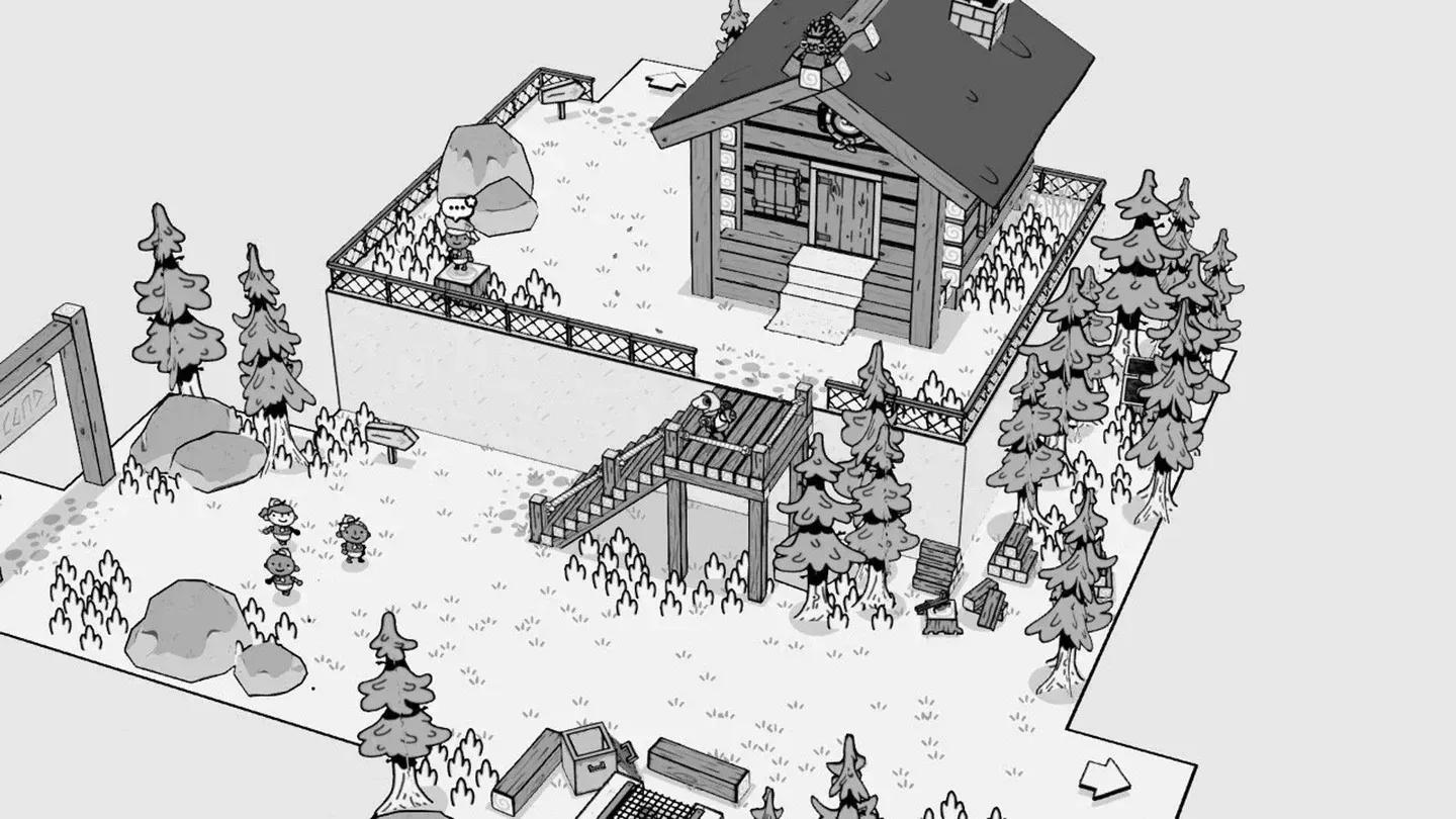 A monochrome exploration scene in TOEM