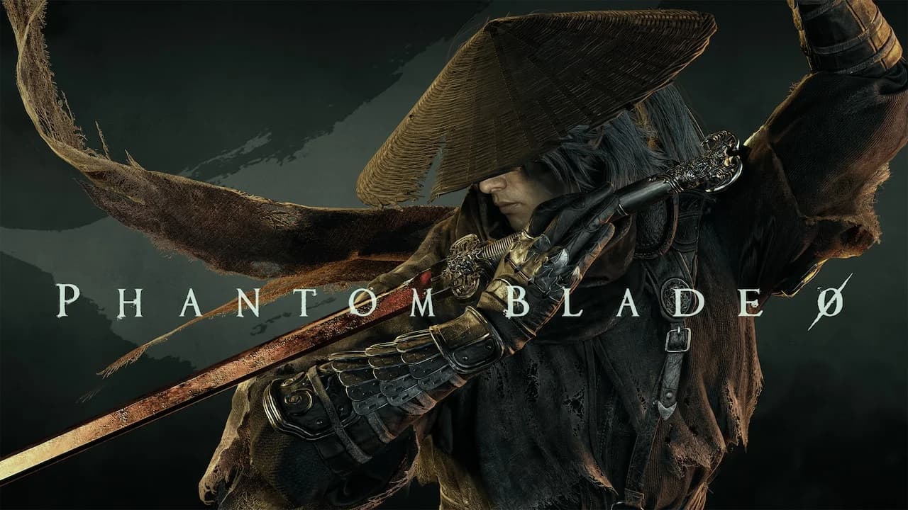 A cloaked warrior with a wide-brimmed hat holding a sword across their chest with the game title Phantom Blade Zero overlaid.