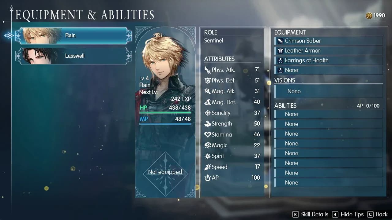 Rain's equipment screen displaying Ragnarok+ attack stats and its stagger and non-elemental damage effects