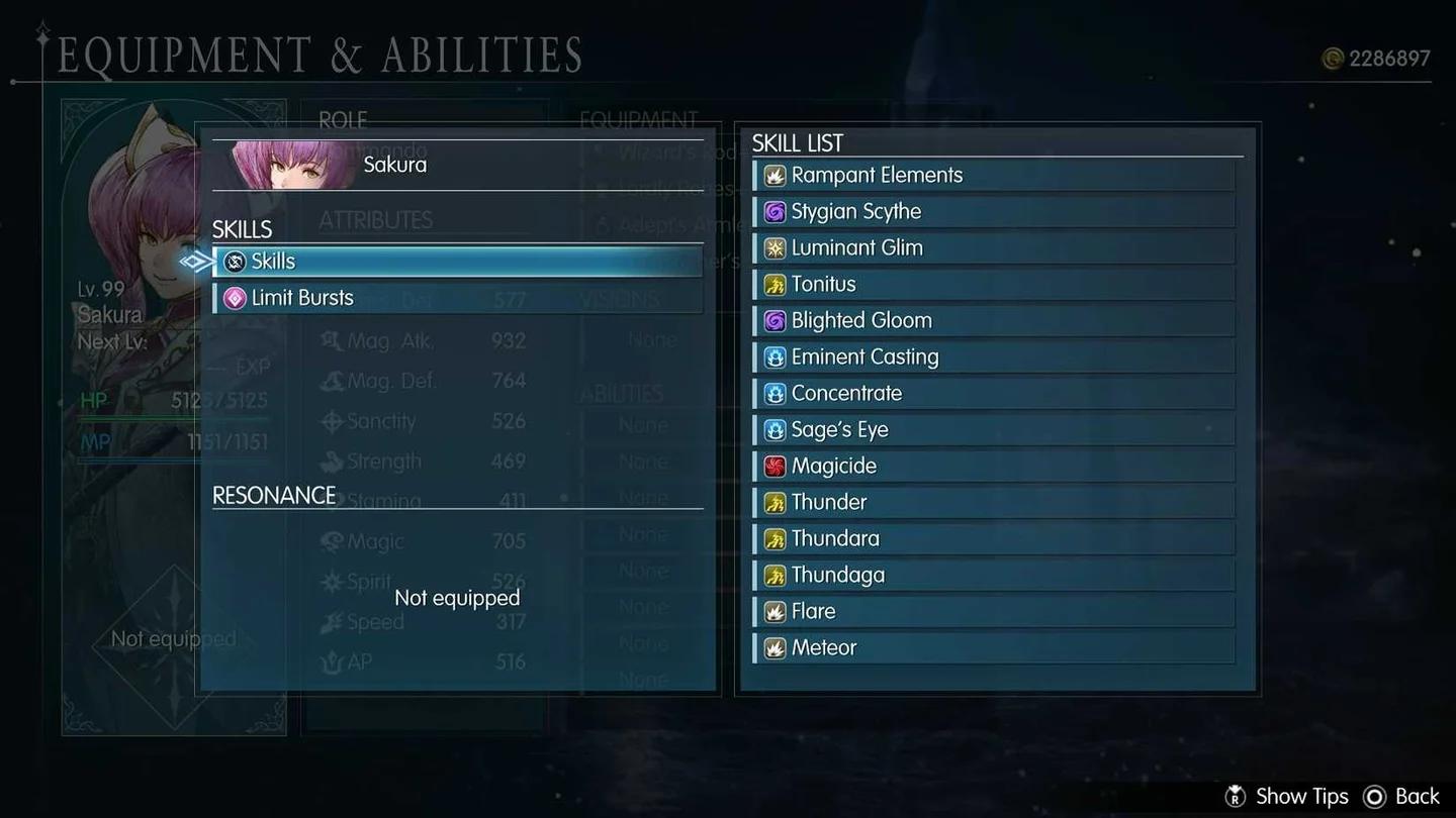 Sakura's equipment menu displaying Wizard's Rod+ and its elemental weakness damage bonus