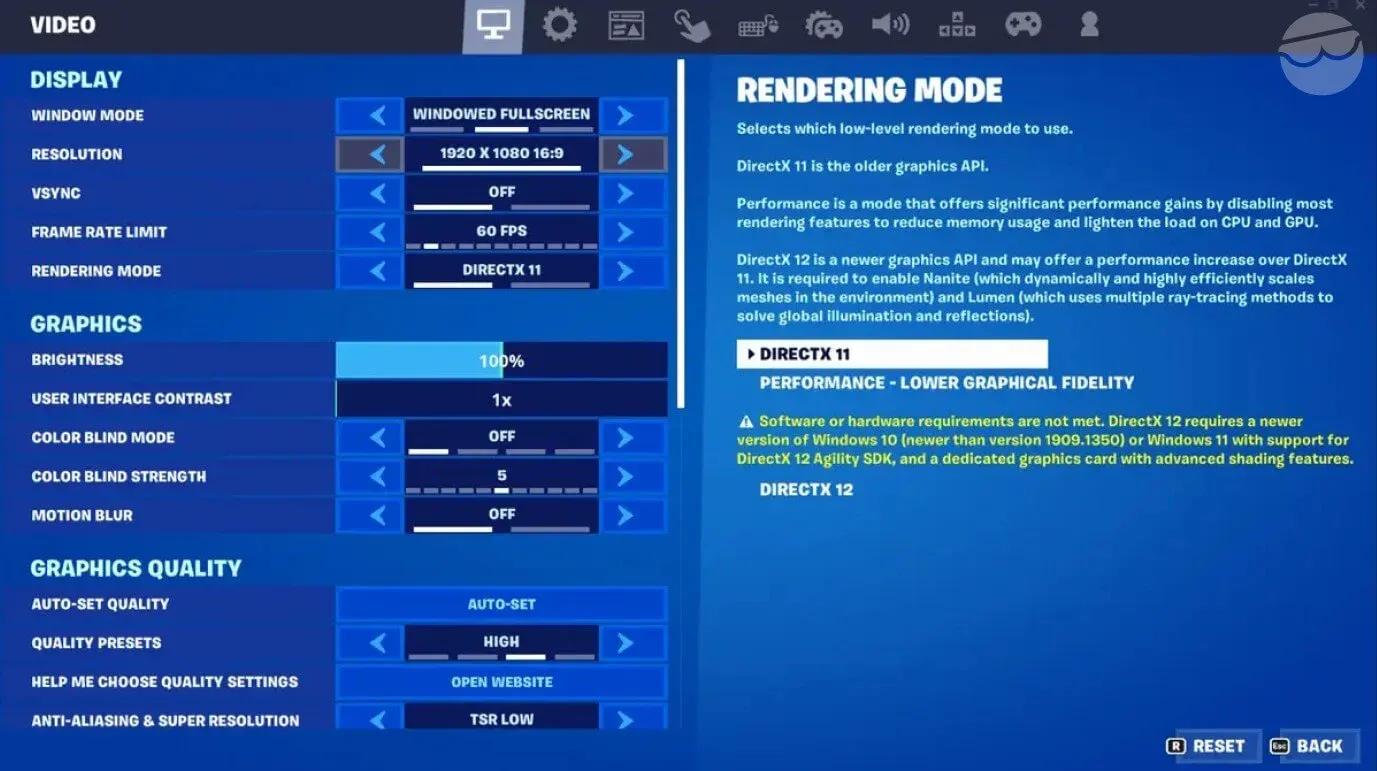 Fortnite graphics settings panel