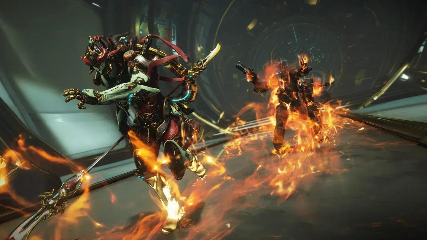 Armored characters in an official Warframe image