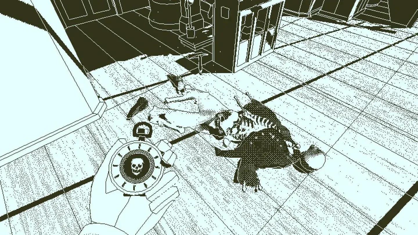 A monochrome investigation scene in Return of the Obra Dinn