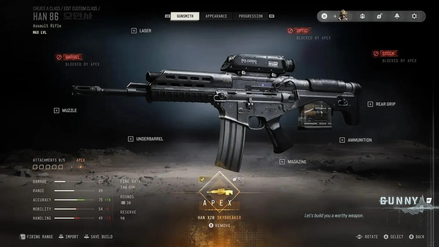 Han 86 Apex attachment menu highlighting the Han X20 Skybreaker airburst system