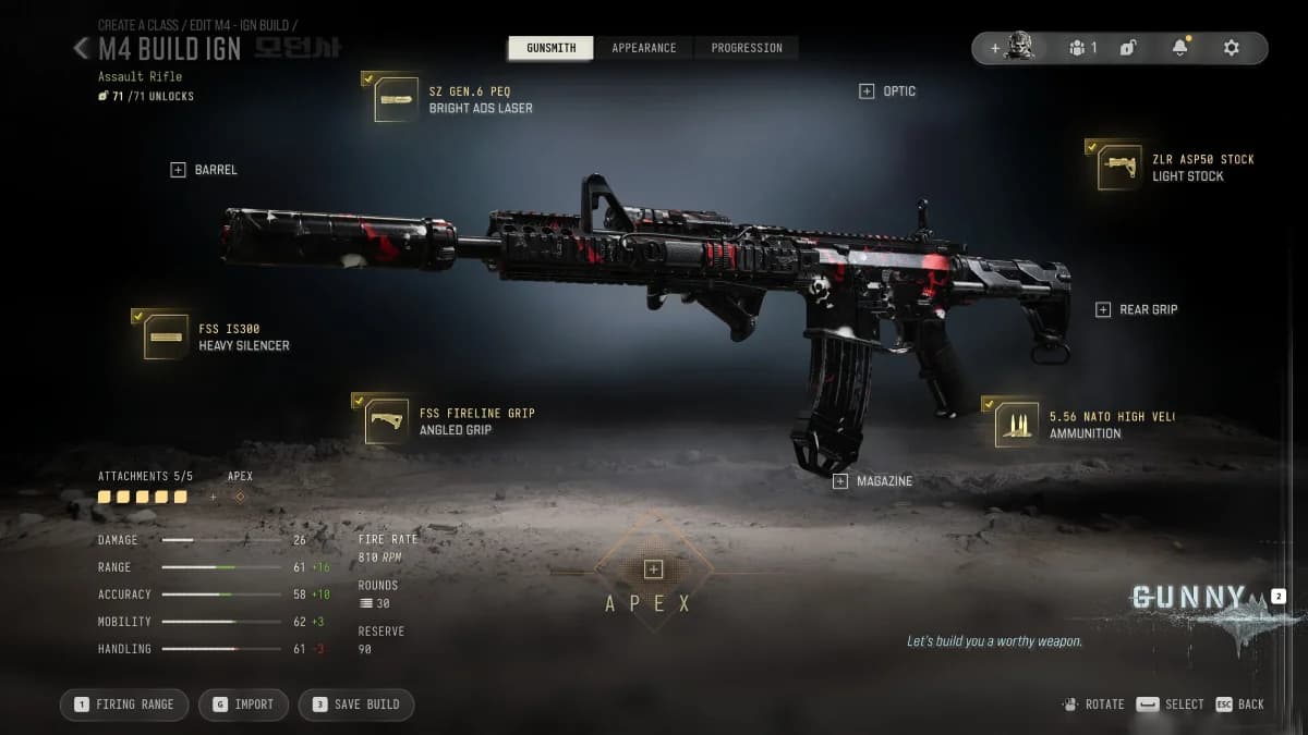 ISO Nightshade Gunny menu showing recommended weapon build options