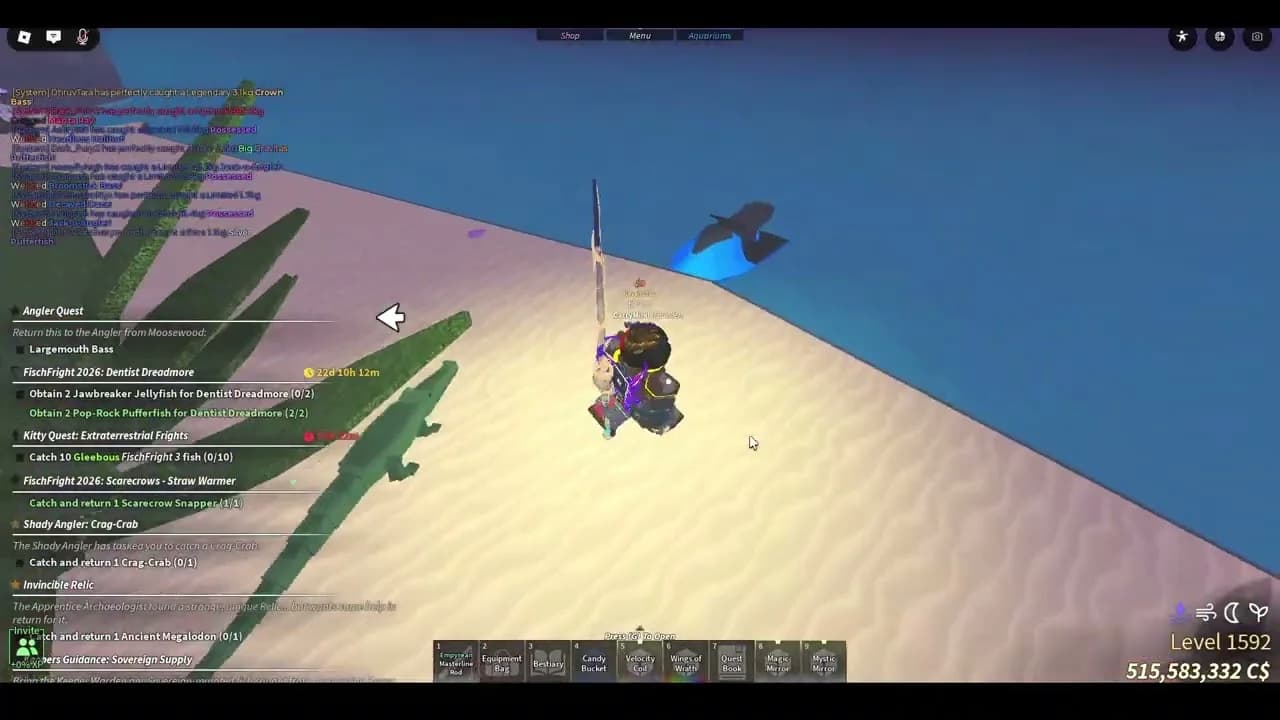 Tela de atributos da vara Boglin Branch no menu de equipamentos do Fisch