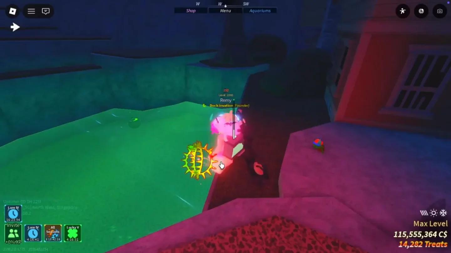 Mutação Boglin aplicada ao peixe durante o minigame de pesca no Fisch