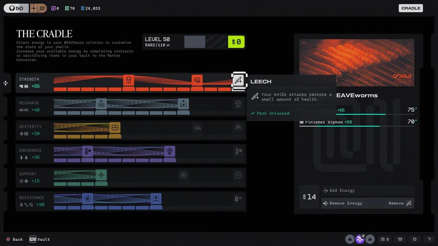 Cradle stat system menu