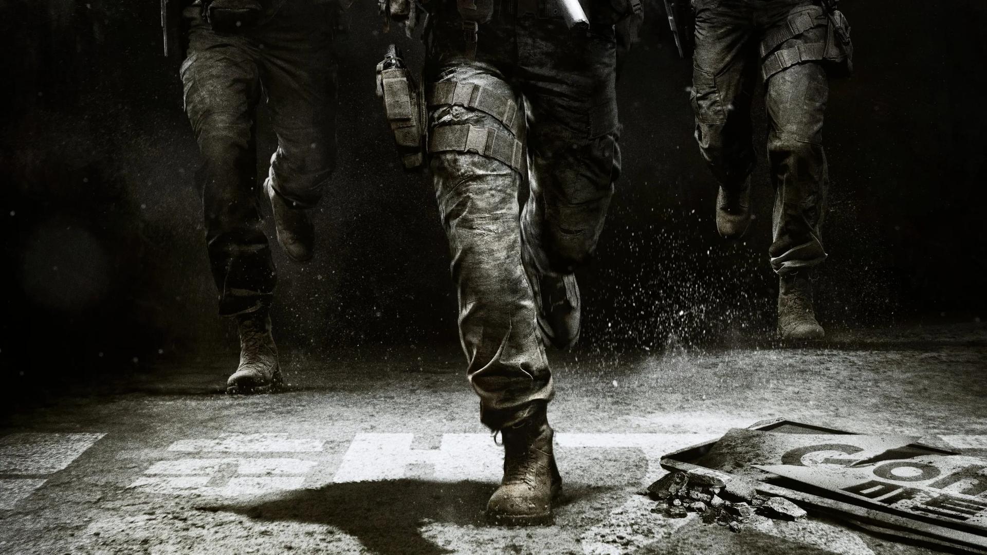 Official promotional key art showing three tactical soldiers advancing in a dark urban environment with the game logo