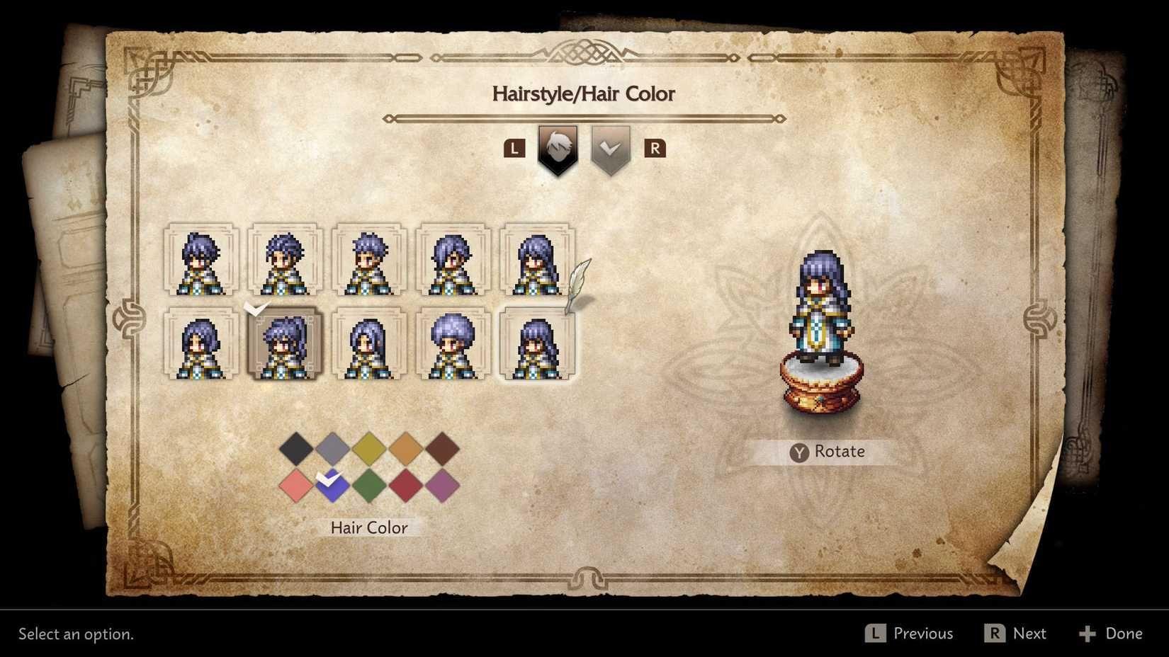 Character creation menu options