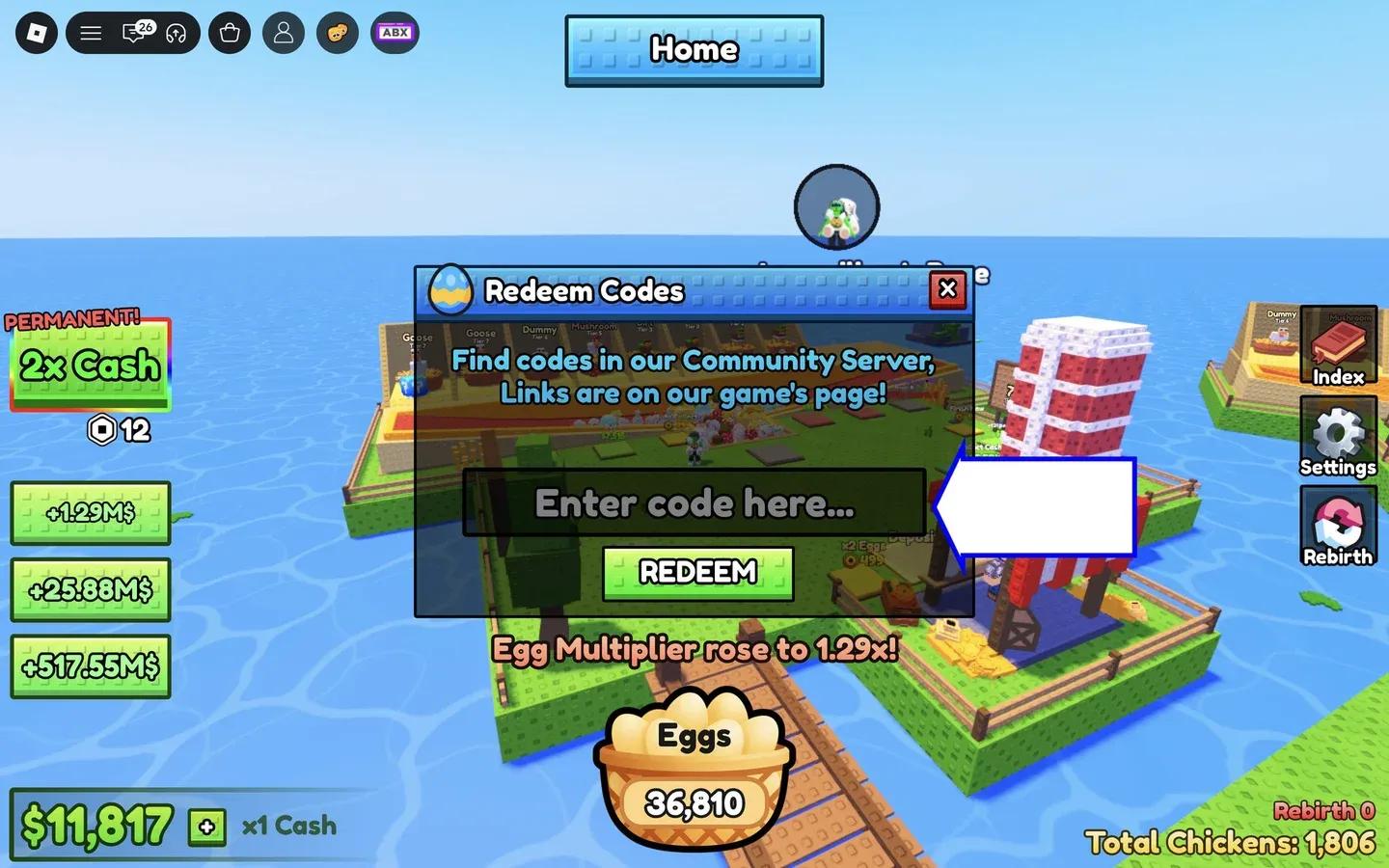 Chicken farm codes redemption UI