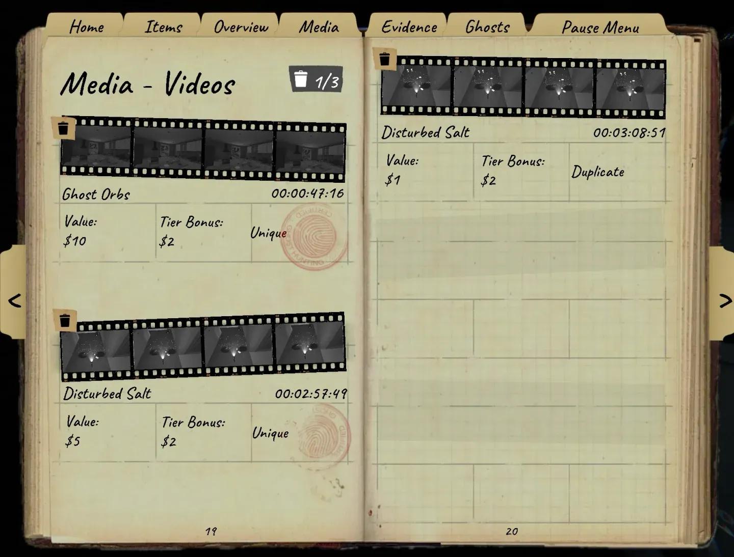 In-game evidence journal