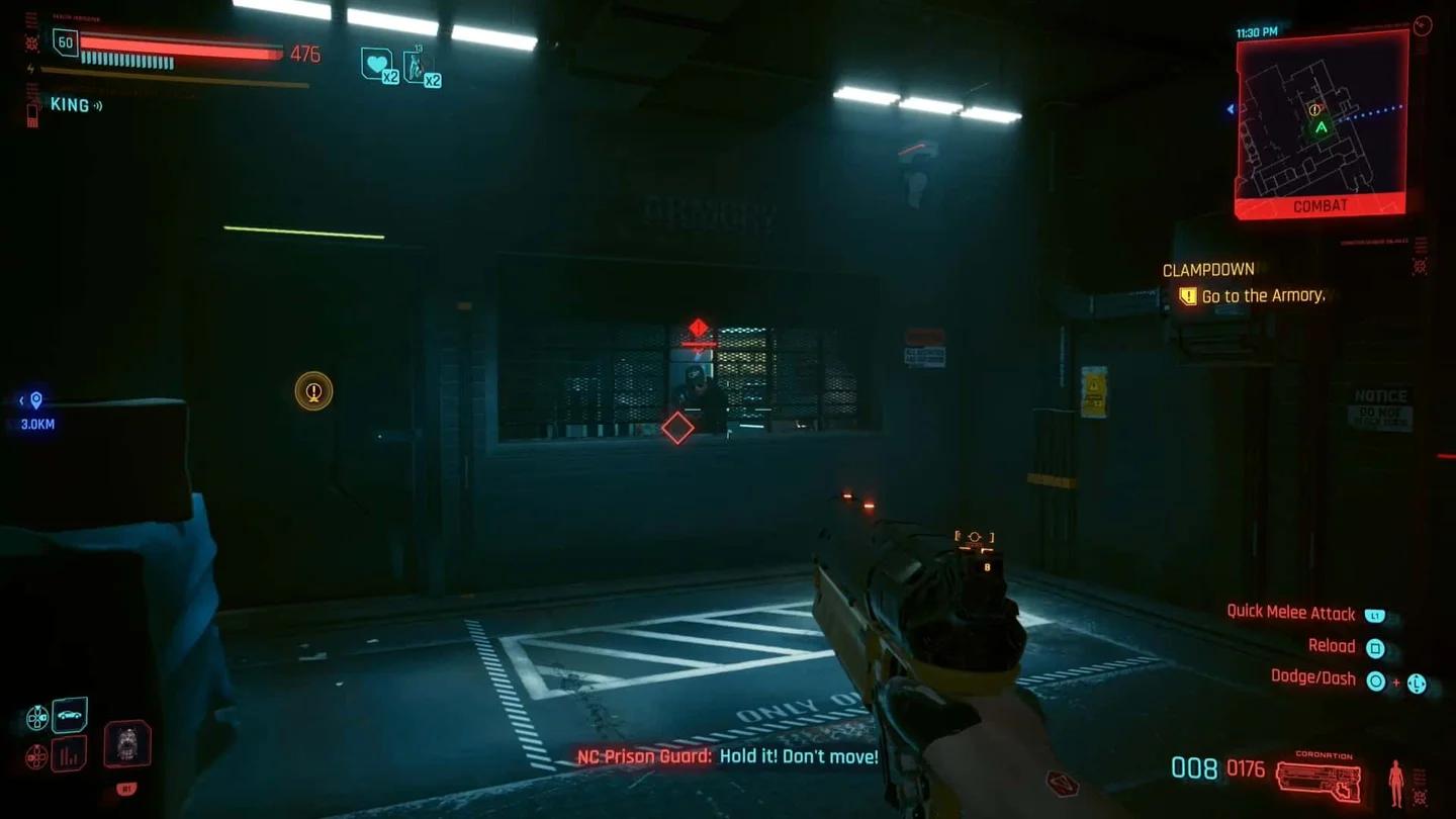 V fighting prison guards in the yard during Cyberpunk 2077 Clampdown mission