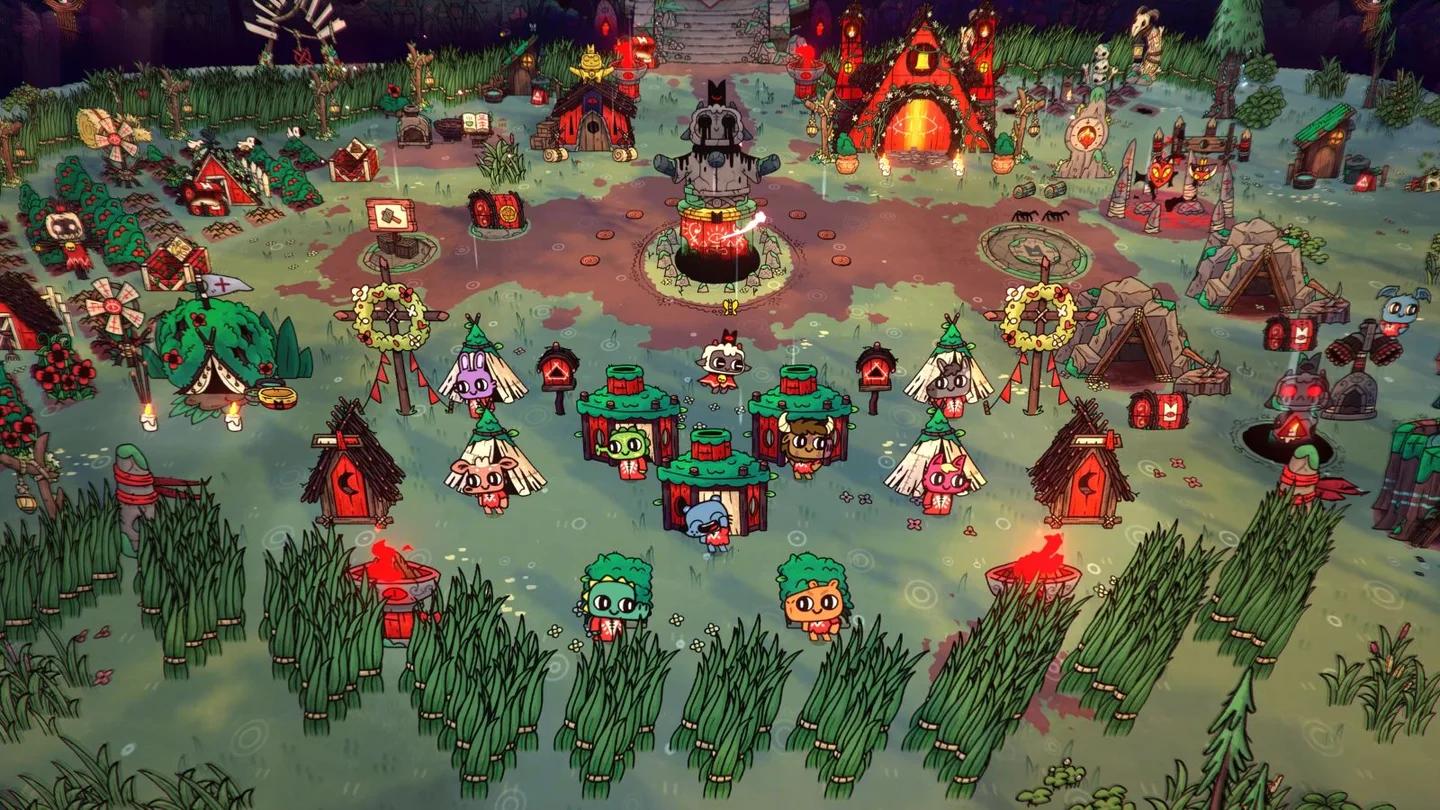 ฐานลัทธิในโหมด Co-op ของ Cult of the Lamb ที่ผู้เล่นสองคนกำลังจัดการเหล่าสาวก