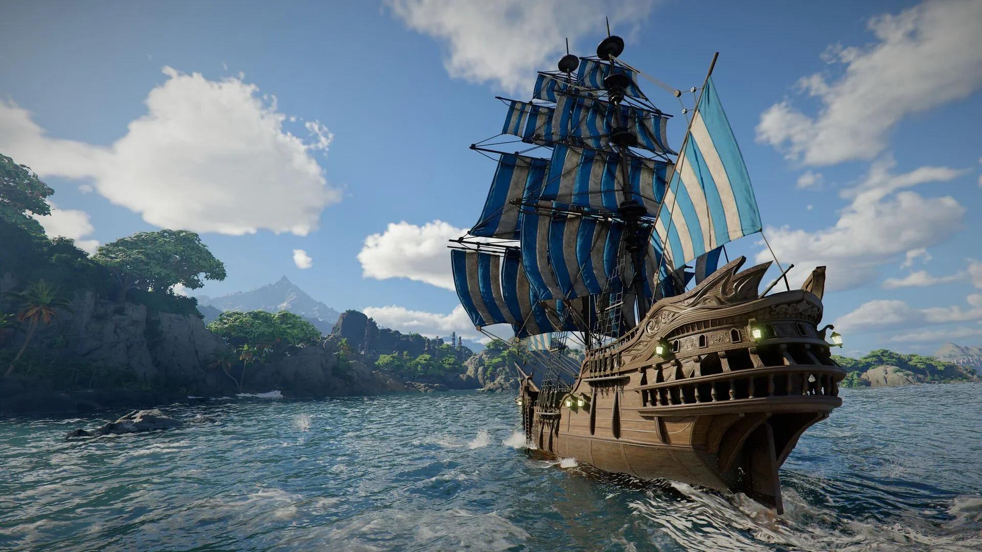 A galleon with blue and white striped sails on open sea off a forested island in Crimson Desert's Charting the Unknown DLC