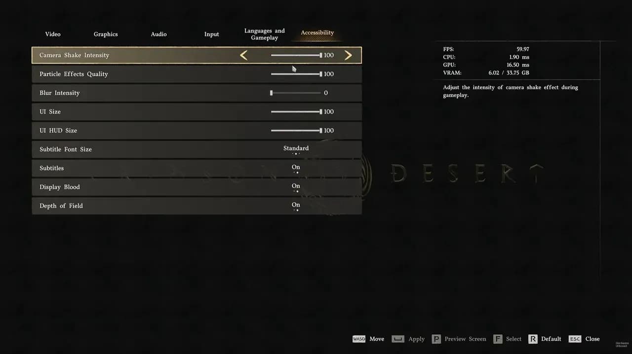 Graphics preset selection screen