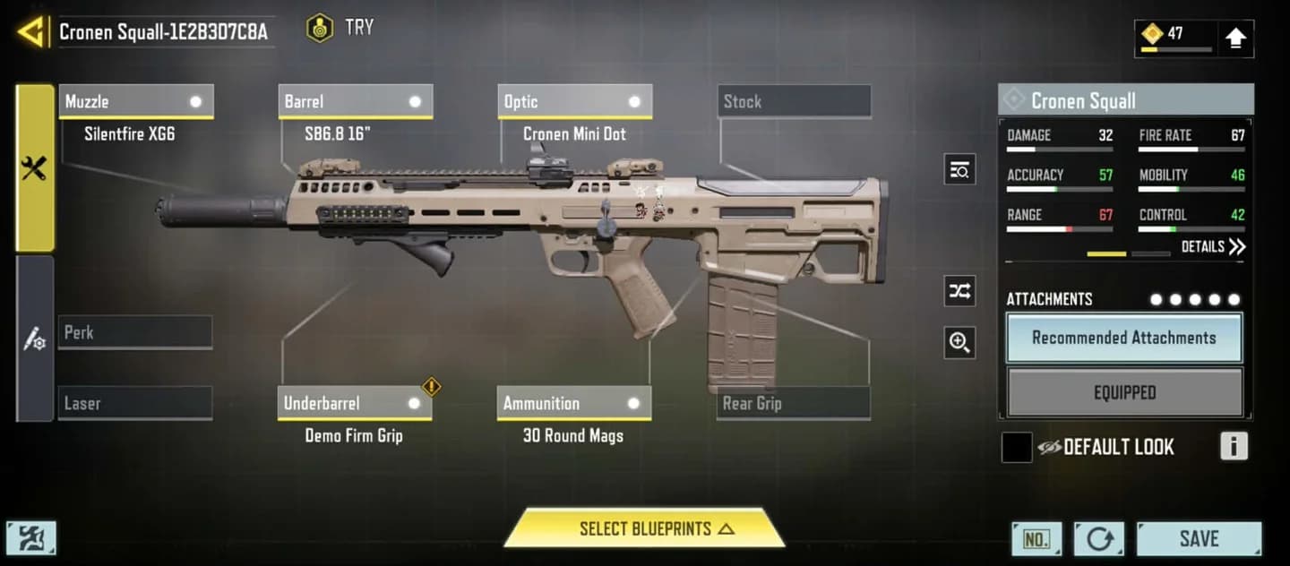 Cronen Squall attachment selection screen in MW4 Gunsmith
