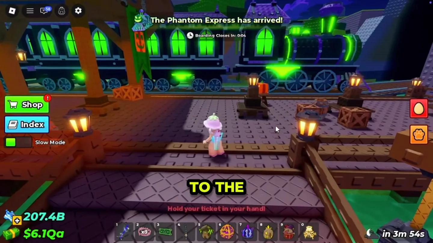 Le train Phantom Express de Steal an Egg arrivant à la gare de la dimension d'Halloween