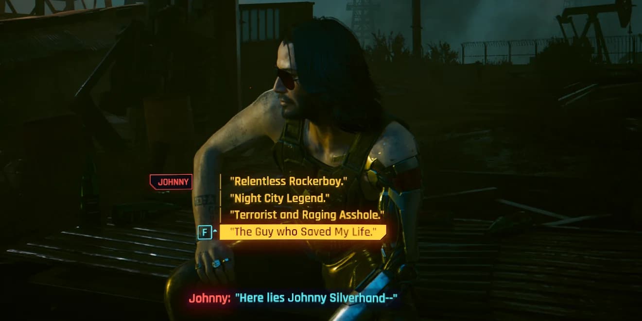 Opzioni di dialogo di V durante la conversazione sul campo petrolifero di Johnny Silverhand in Chippin' In