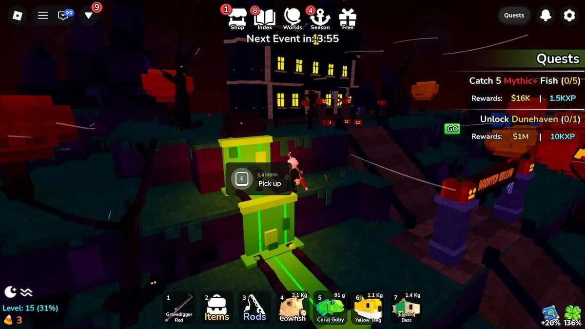 Localizações dos objetos escondidos Ship Wheel, Flag e Lantern em Haunted Hollow Deep Fishing