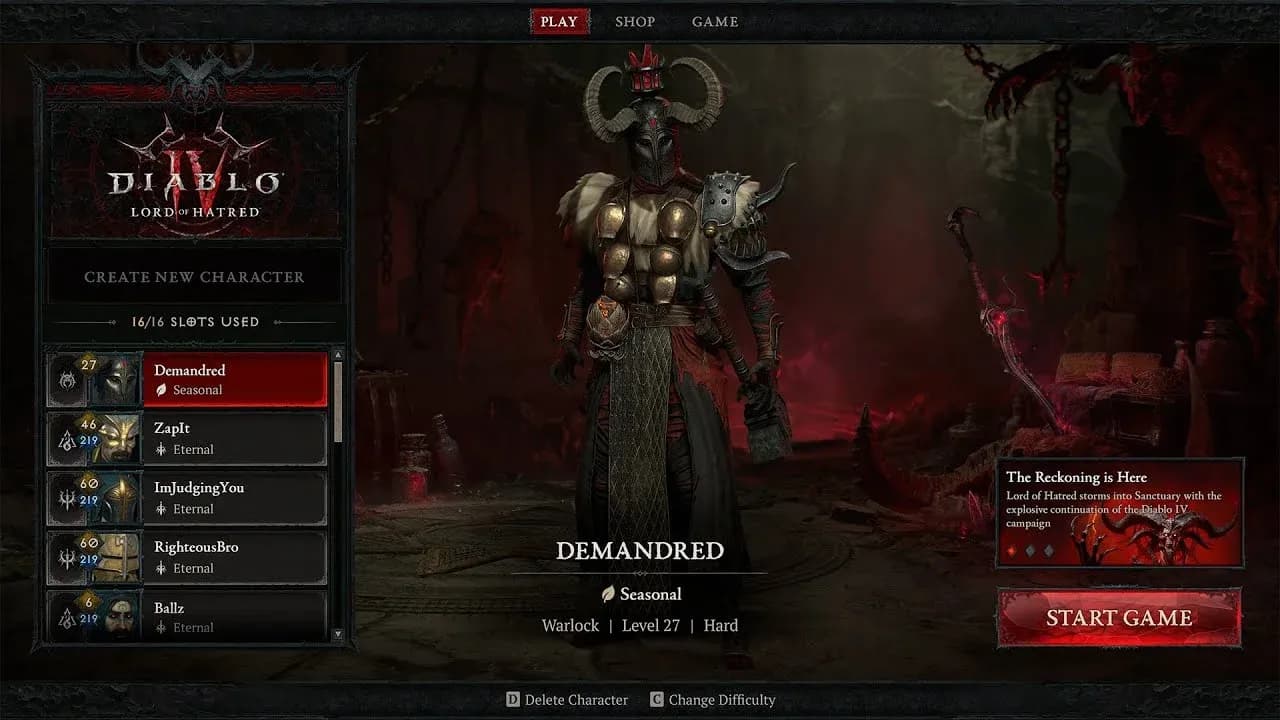 Warlock class select screen