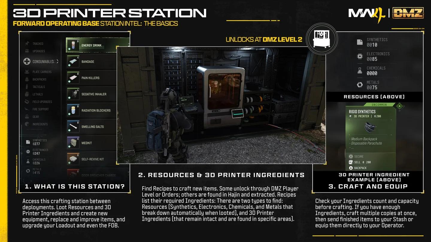 Call of Duty MW4 DMZ 3D Printer crafting menu with ingredient slots