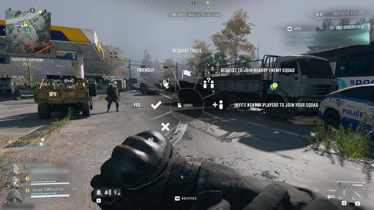 MW4 DMZ 핑 휠 상단에 표시된 휴전 옵션