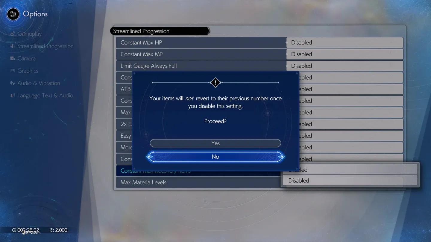 Streamlined Progression settings
