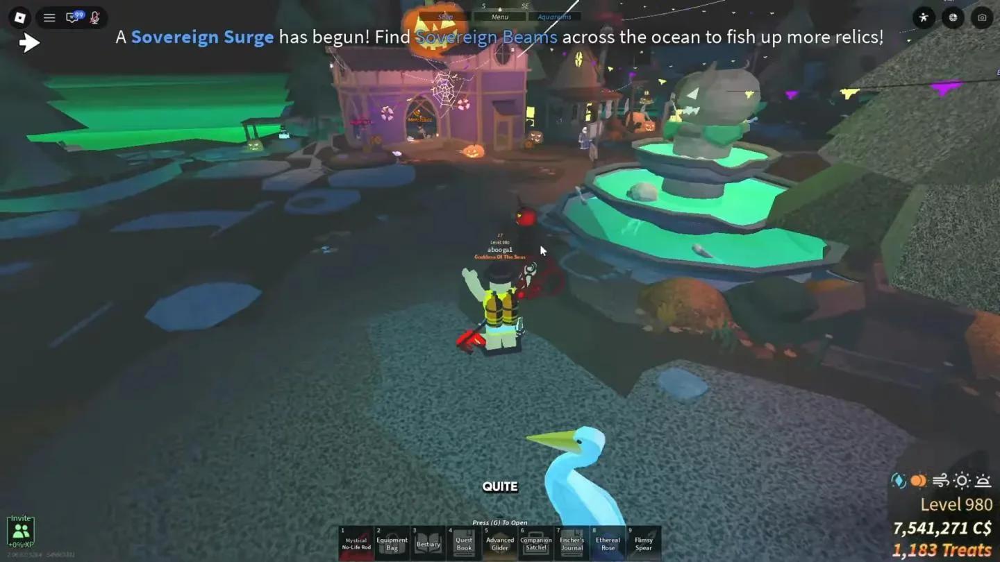 Mini-jeu de pêche dans une Frightful Pool montrant le compteur de série de Perfect Catch pour obtenir la canne doomsekkar