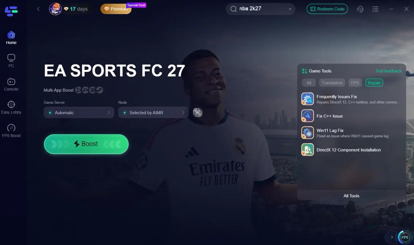 EA FC 27 Lite main menu showing upgrade to full game prompt