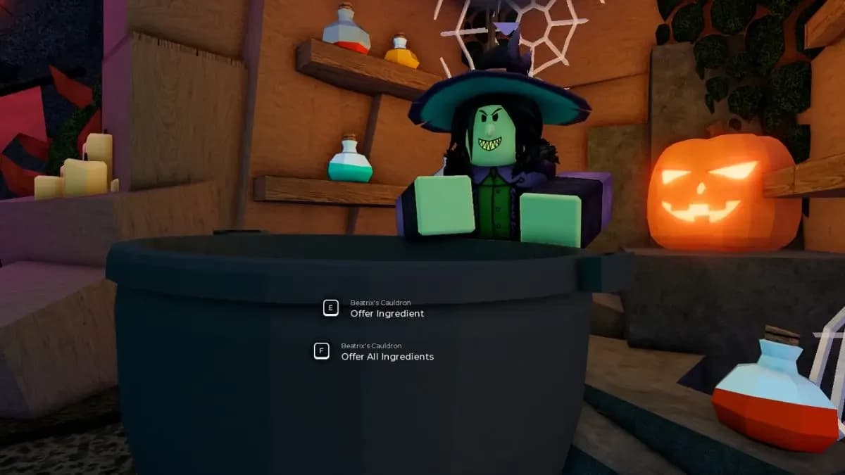 Beatrix the Witch in piedi accanto al suo calderone sotto un albero spettrale su Caustic Hallow in Fisch FischFright 3