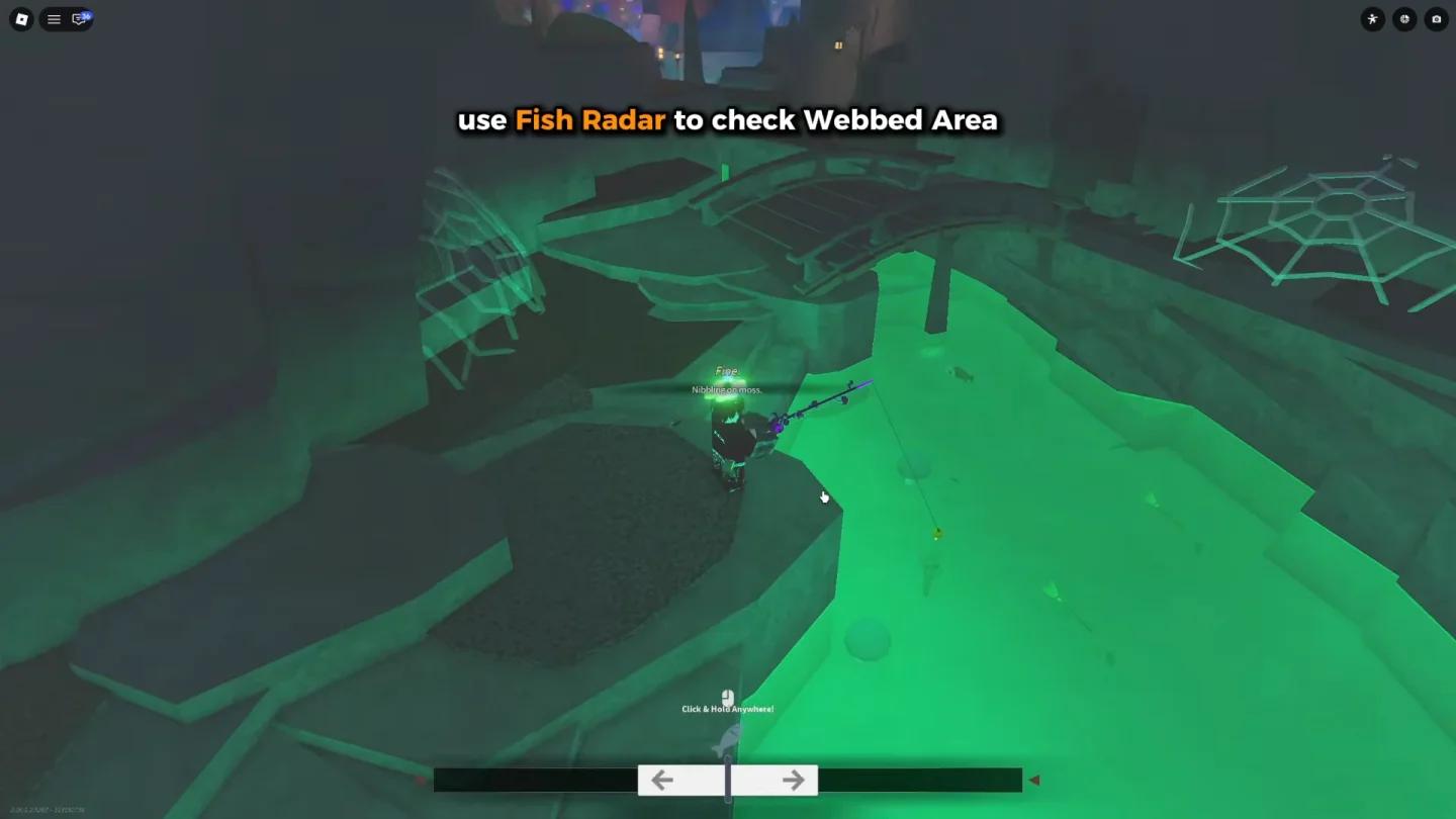 Player fishing in Webridden Cavern green pool for Webbed fish get webweaver rod