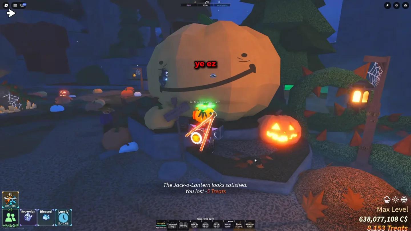 Ubicación del NPC Pumpkin Pete cerca de la gran estatua de calabaza en FischFright 3
