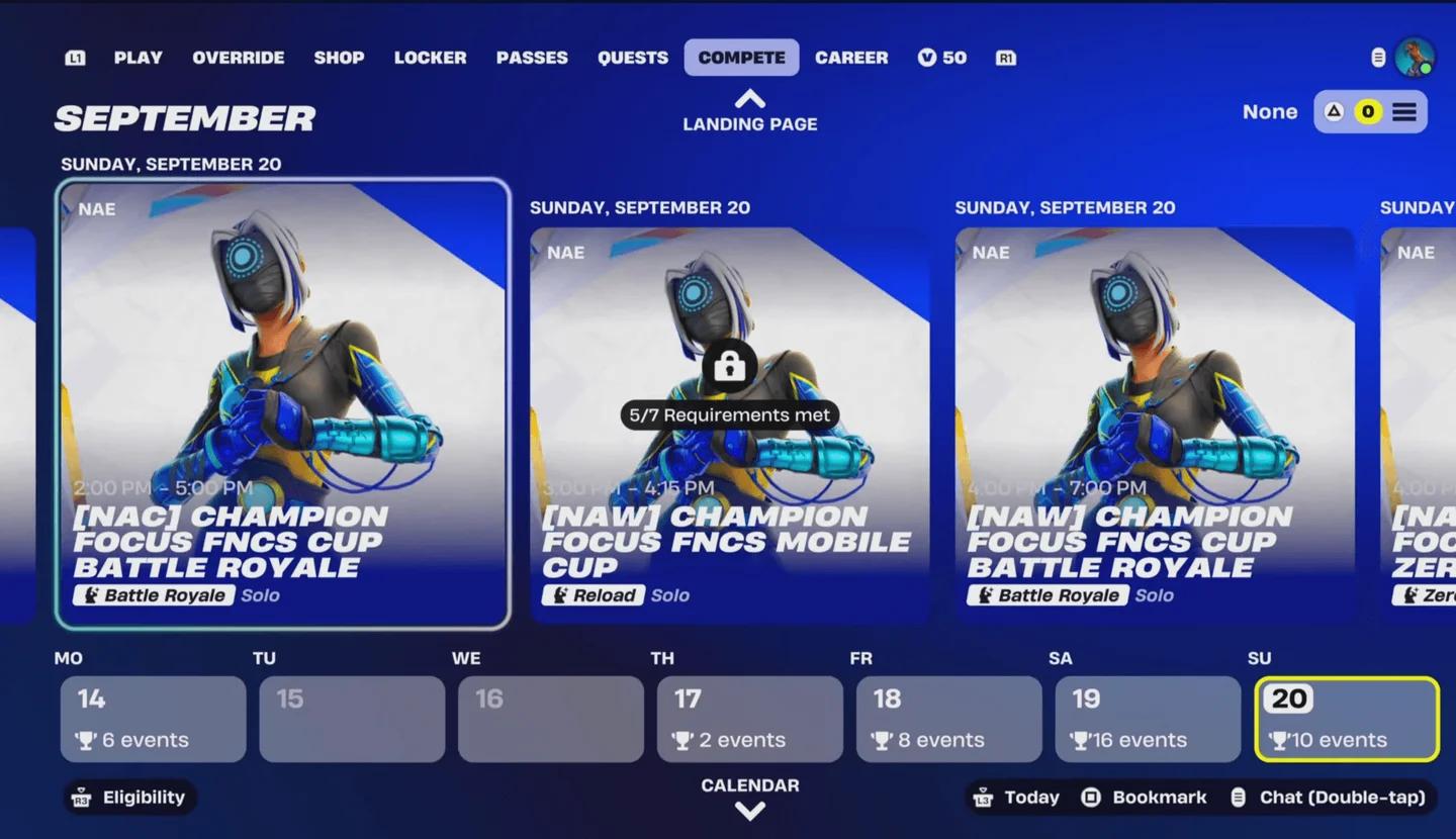 FNCS Teal Knight Cupの登録画面が表示されているFortniteの競技タブ
