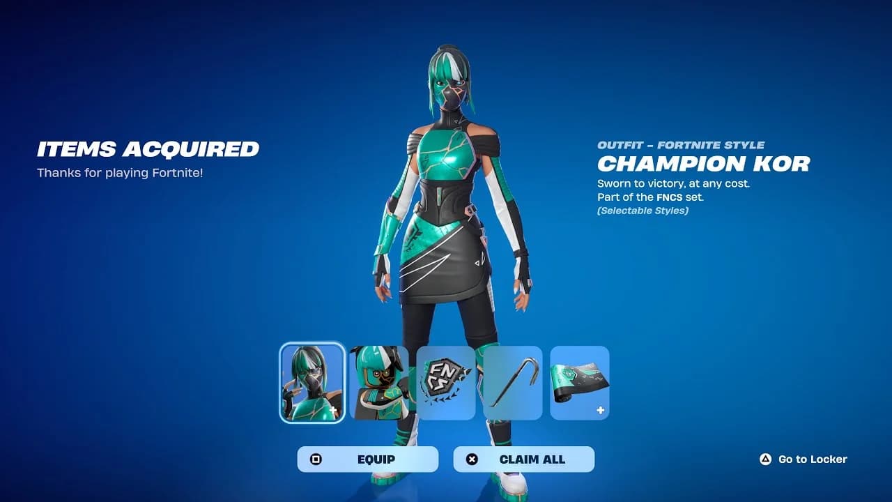 無料で入手可能なFortniteロッカー内のFNCS Teal Knightコスチューム