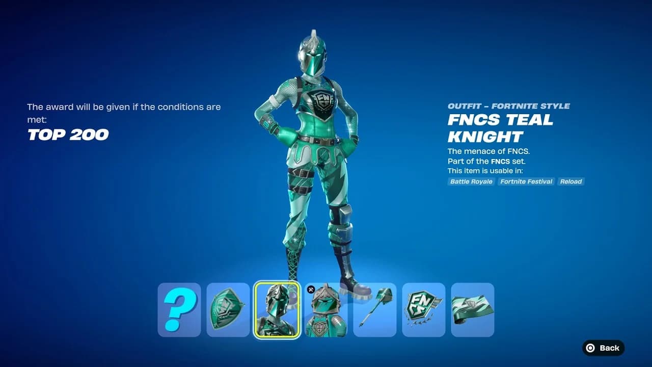 無料で入手または購入可能なChampion FNCS Teal Knightバンドルが表示されたFortniteアイテムショップ