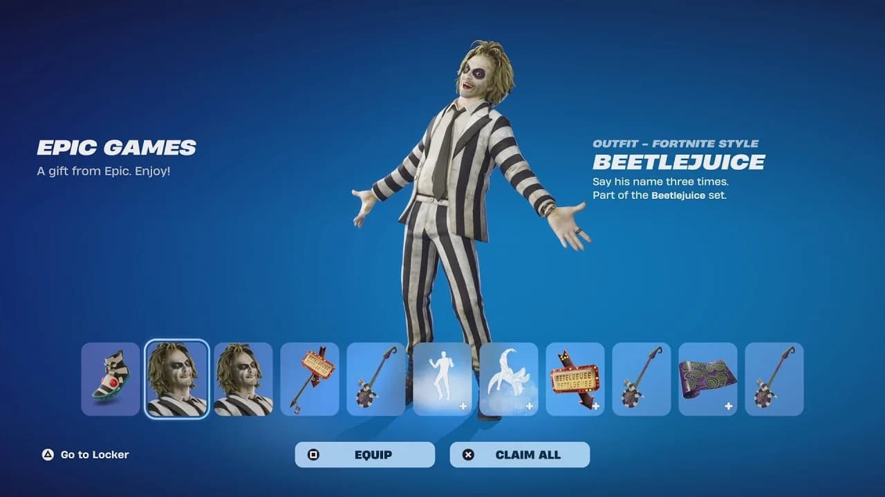 Skin do terno listrado de Beetlejuice exibida na Loja de Itens do Fortnite