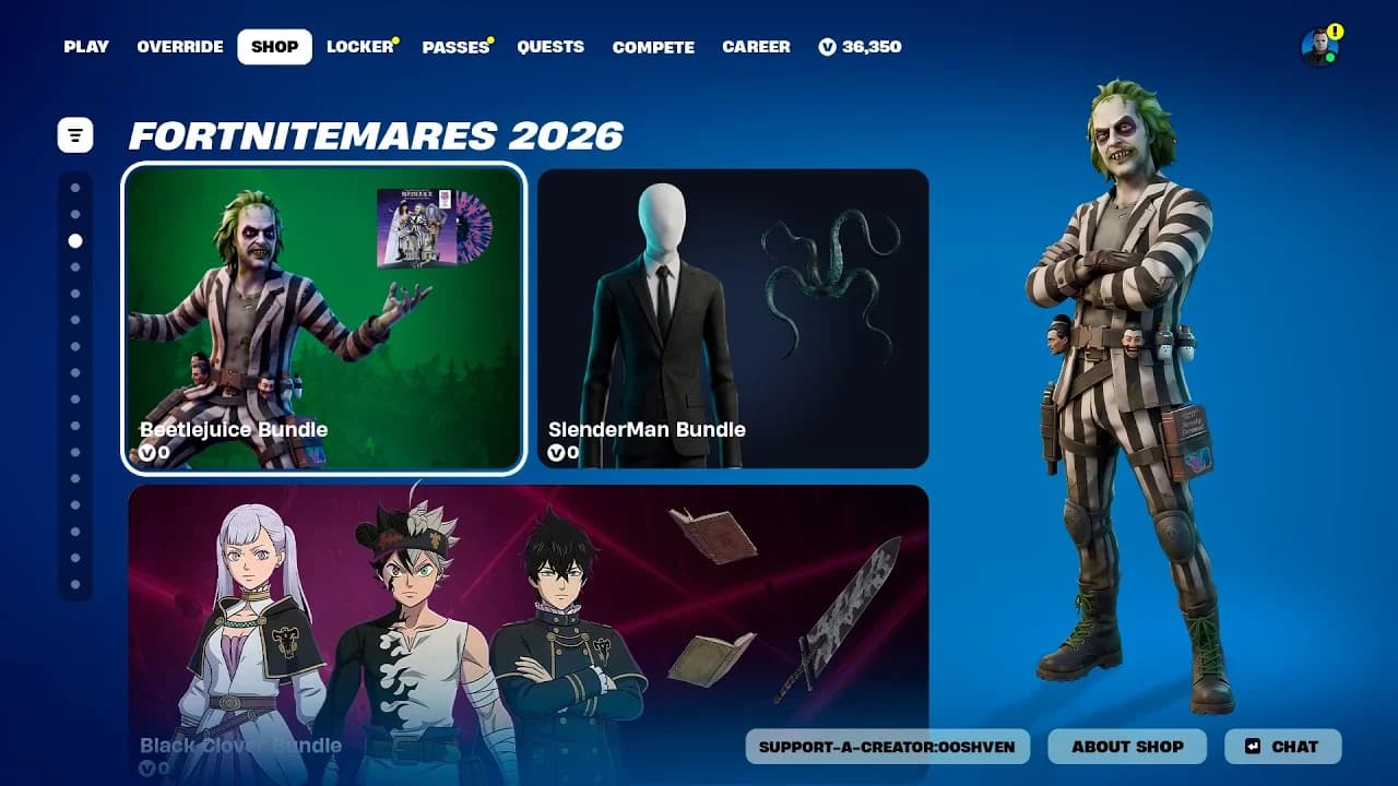 Tela de confirmação de compra na Loja de Itens do Fortnite para o Pacote Beetlejuice