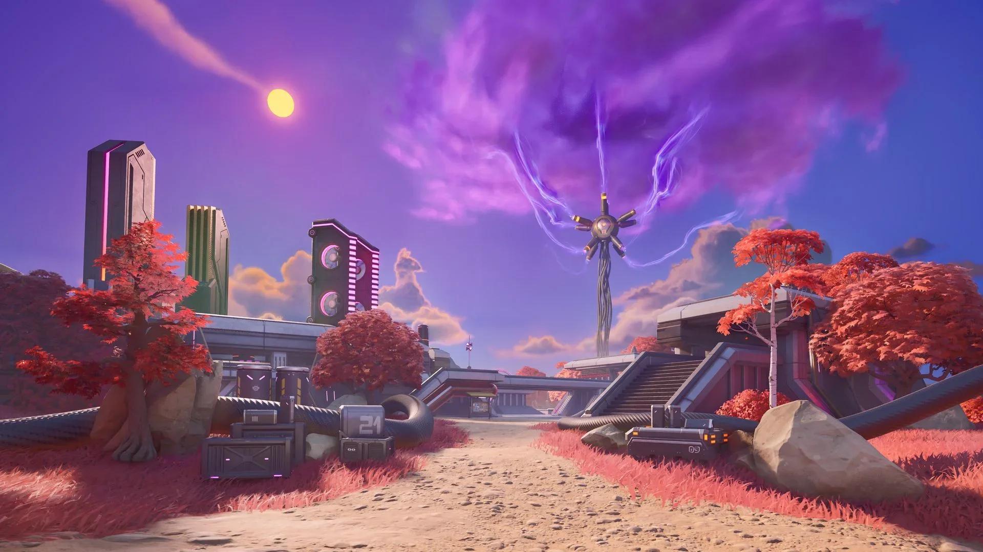 A dirt path runs between red-leaved trees and dark futuristic towers under a purple storm cloud with a spiked device hanging from it, in Fortnite's Chapter 7 Season 4 Override lobby art.