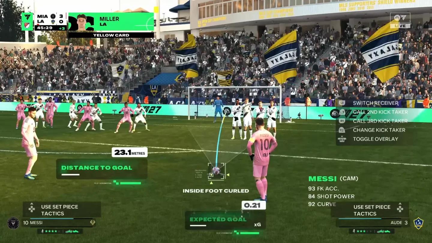 EA FC 27 tiros libres Messi parado frente al balón con la barrera y la portería al fondo