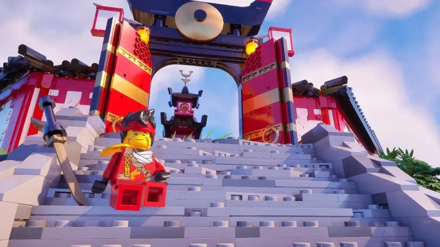 LEGO characters approaching a NINJAGO structure in LEGO Fortnite Odyssey