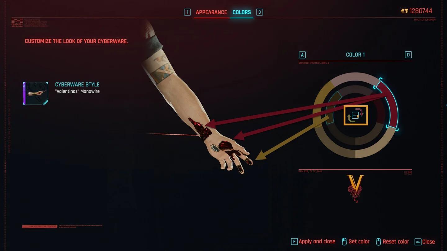 Cyberpunk 2077 glamdocs 大猩猩手臂颜色选择界面