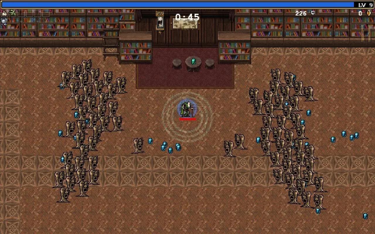 A character surrounded by enemies in Vampire Survivors
