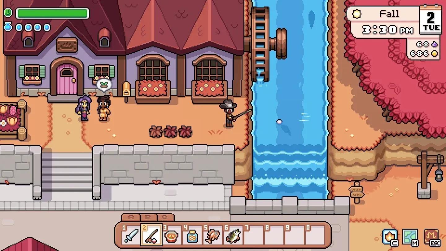 A pixel art town in Fields of Mistria