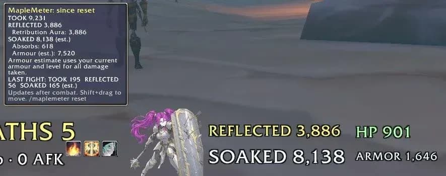 Bảng chỉ số Paladin của tôi: 3,886 sát thương phản lại bởi Retribution Aura và 8,138 sát thương đã chịu kể từ lần reset gần nhất.