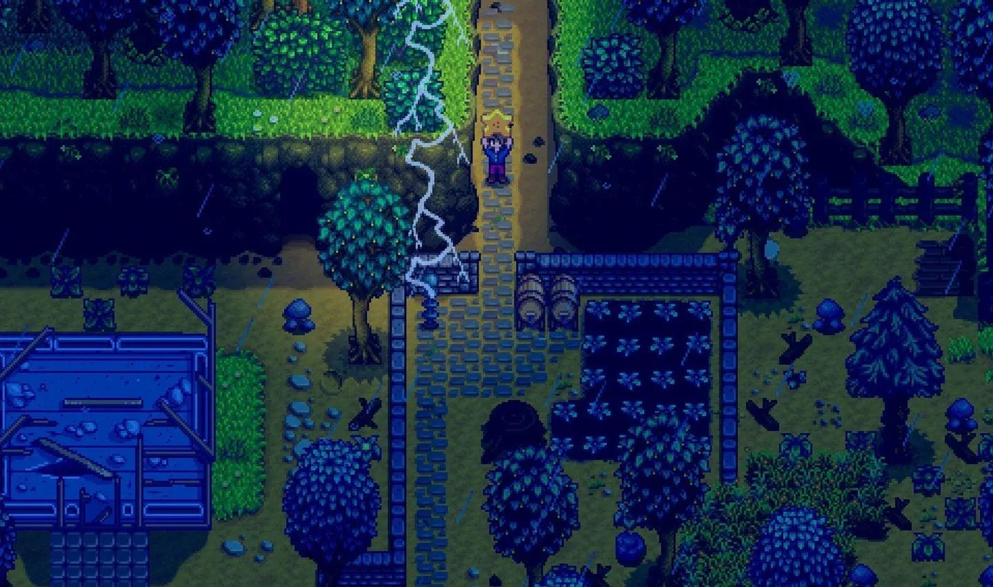 Pixel art farm and village gameplay in Stardew Valley