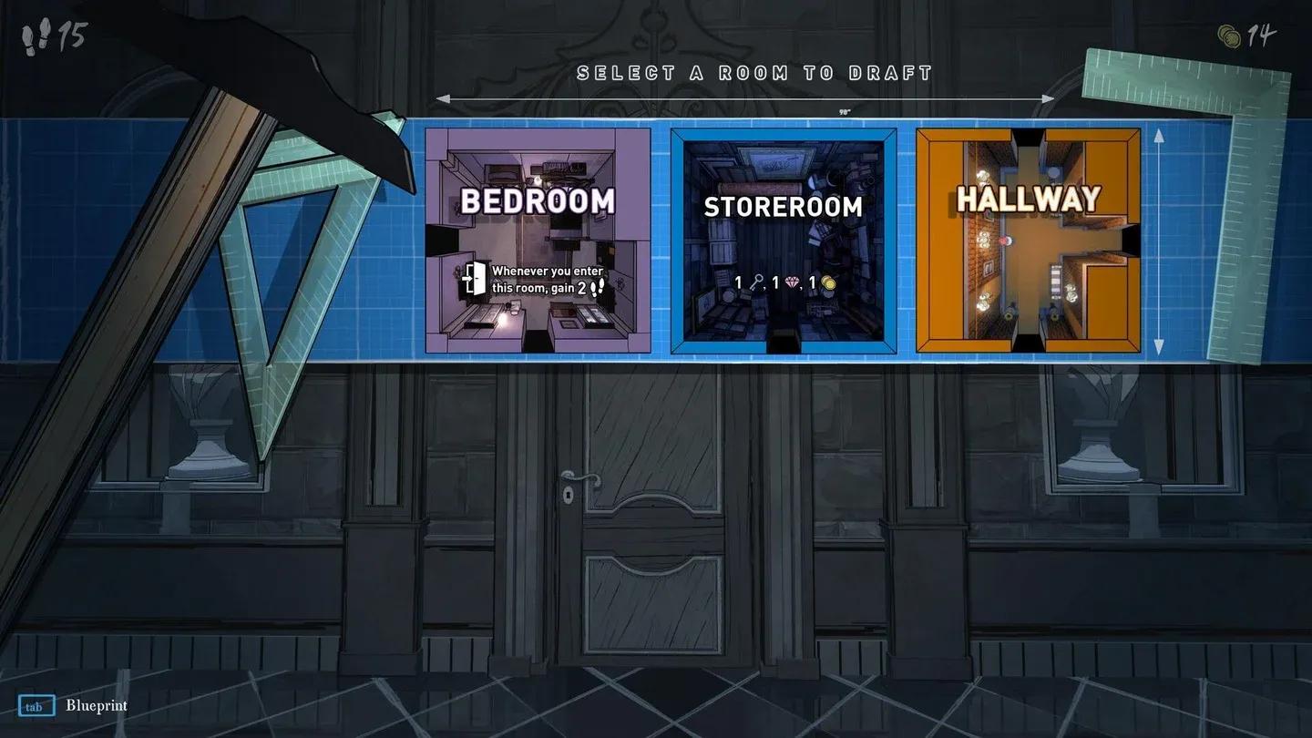 Room choices on the drafting screen in Blue Prince