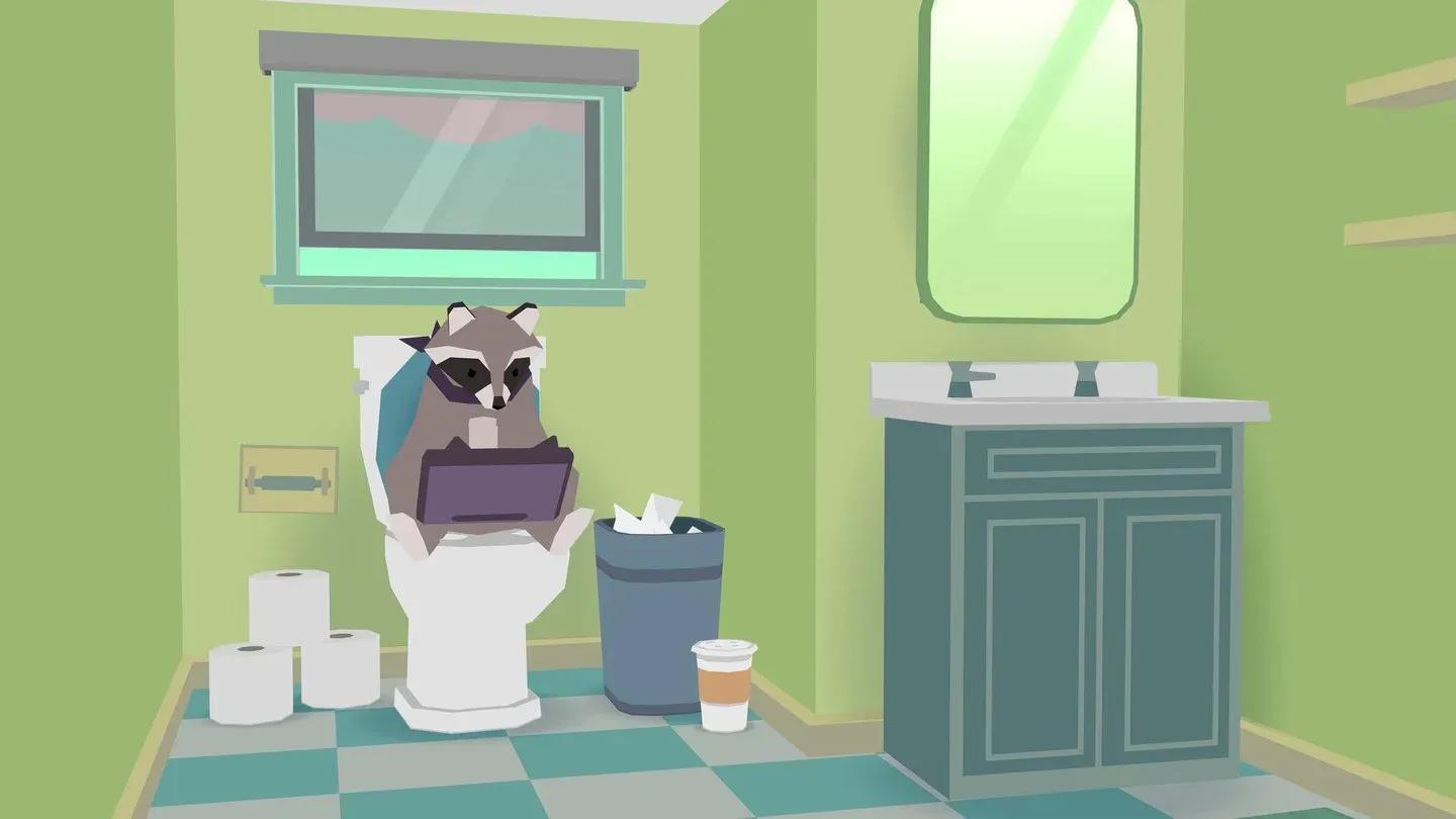 Een wasbeer in een kamer in Donut County