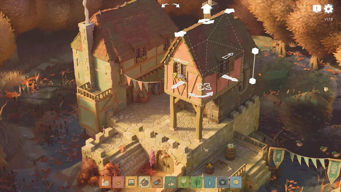 A miniature castle and building tools in Tiny Glade