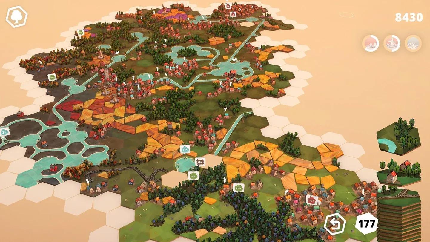 A landscape built from hexagonal tiles in Dorfromantik